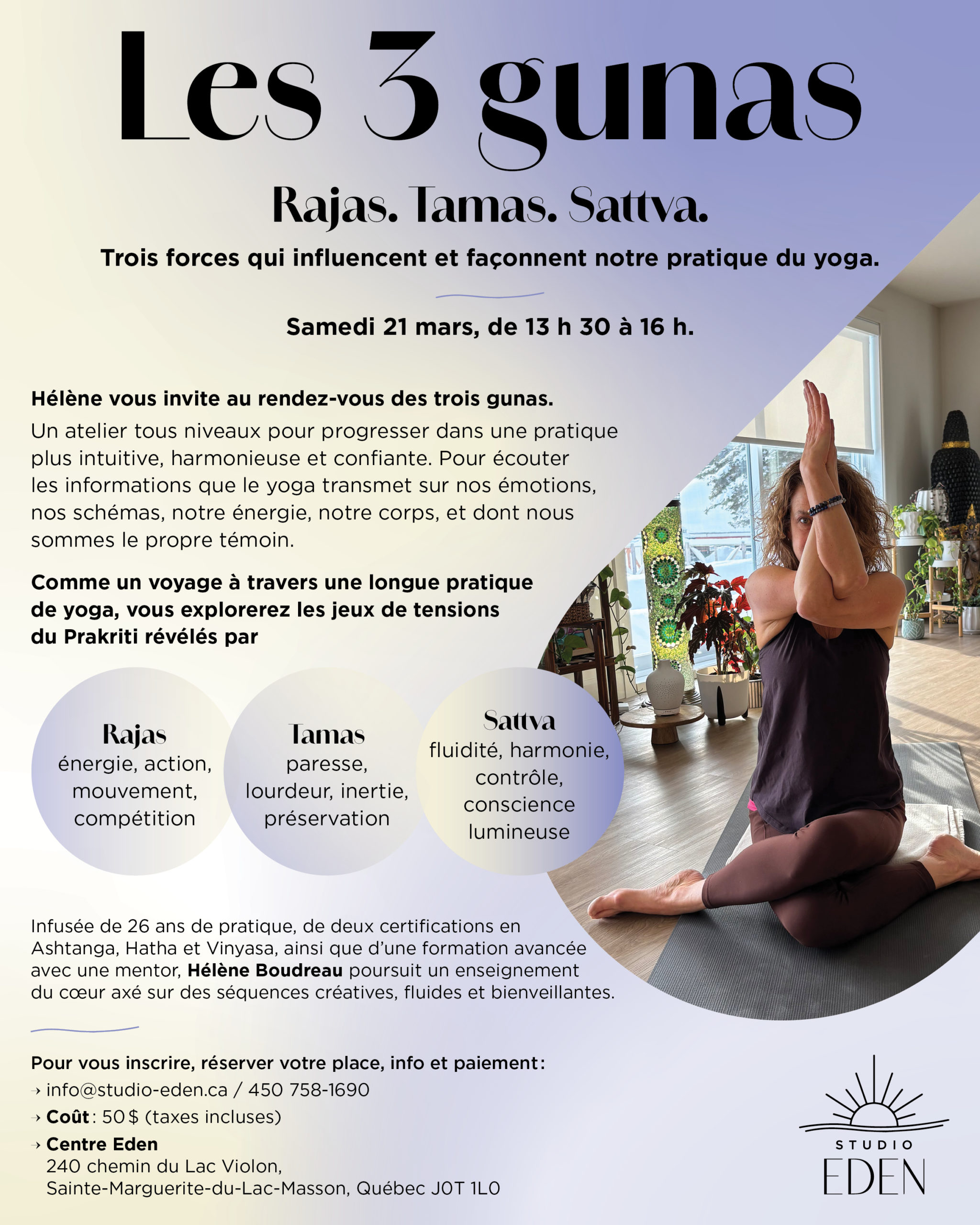 atelier de yoga au Centre Eden dans les Laurentides, le 21 mars 2026