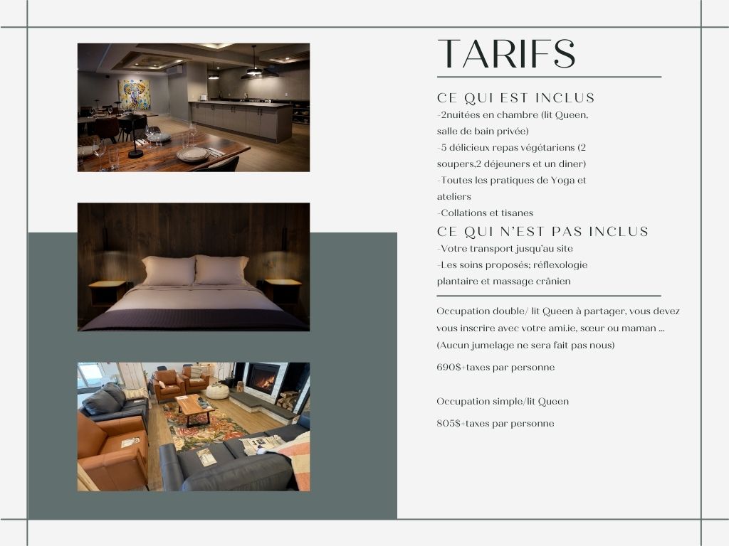 tarifs pour la retraite de yoga au Centre Eden dans les Laurentides