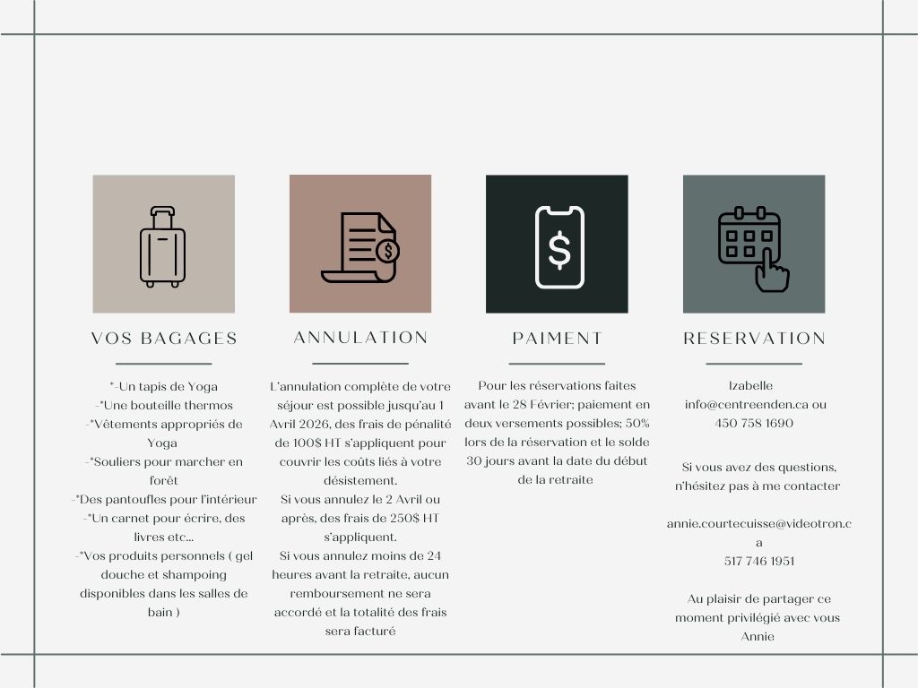 modalités pour retraite de yoga 1-2-3 mai 2026 au Centre Eden dans les Laurentides